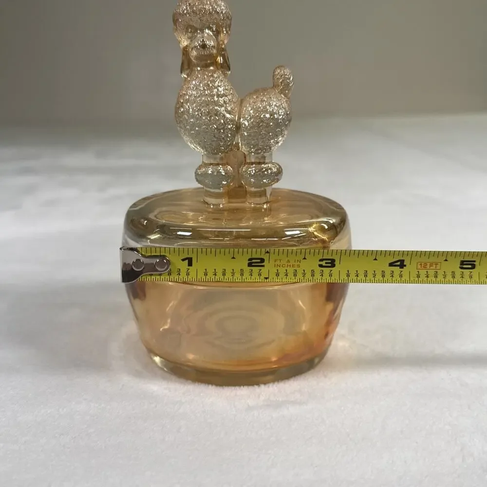 Vintage Jeanette Glass Iridescent Peach Lustre Poodle Dresser Box 6 1/2